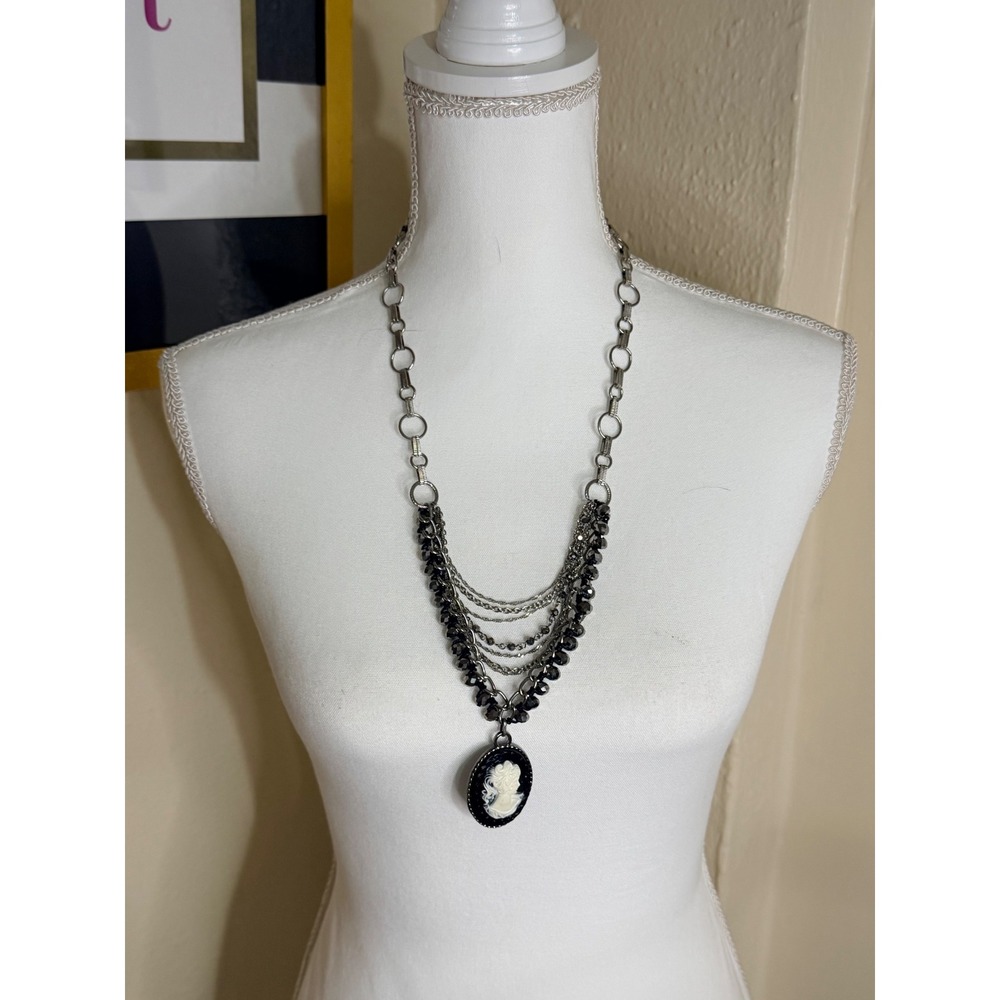 Vintage Style Cameo Multi Strand Statement Necklace Black Silver Gothic Bib